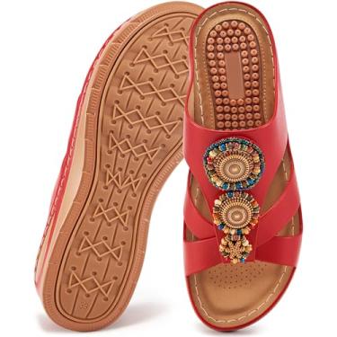 Imagem de FUDYNMALC Sandálias femininas ortopédicas para o verão, casual, feito à mão, com contas, para caminhada, palmilha almofadada, com suporte de arco para fascite plantar confortável, Vermelho, 6