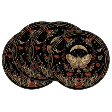 Imagem de Artoid Mode Jogo americano redondo de papoula preta e lua, conjunto de 4, tapetes de mesa redondos florais de 35,5 cm para decoração de festa, cozinha, jantar