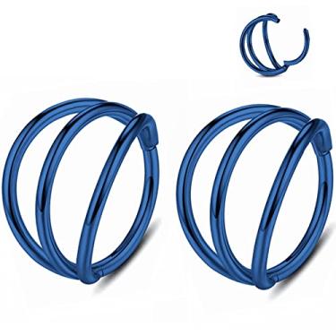 Imagem de YROGCU Nose Ring Lip Septum Earring-Clicker:2pcs Triple Ring Open Stacked Blue Color Ring 14G 8mm 316L Stainless Steel Sleeper Earring Helix Rook Conch Cartilage Daith Tragus Earrings Nose Piercing Jewelry
