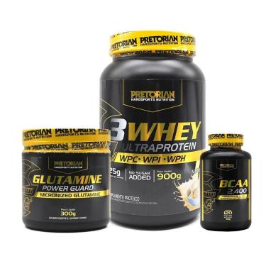 Imagem de COMBO - 3W ULTRA PROTEIN 900g BAUNILHA + GLUTAMINA 300g + BCAA 2400 120 Cáps - PRETORIAN-Unissex