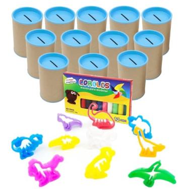 Imagem de Kit 12 Cofres Papelão 36 Cortadores Formato Dinossauros 2 Caixas de Massinha Modelar Lembrancinhas Aniversário Mundo Jurássico (Cofre Azul bebe)