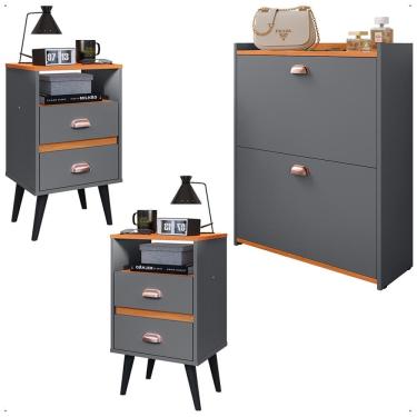 Imagem de Kit 2 Mesas Cabeceira Classic Nicho Organizador Sapateira Gavetas Basculante Porta 12 Pares Calçados Closet Cinza/Cinamomo - Lojas RPM
