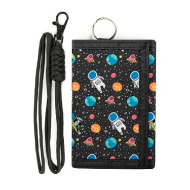 Imagem de Carteira infantil para meninos e meninas, carteira juvenil com três dobras com cordão de bolso para moedas, carteira preta para uso ao ar livre, presente de aniversário para crianças, Astronauta,