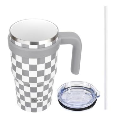 Imagem de Zukro Copo de 590 ml com alça, tampa e canudo, copos de café de aço inoxidável isolados a vácuo de parede dupla para casa/escritório/trabalho, caneca de viagem para bebidas quentes e frias, livre de