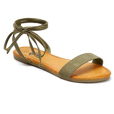 Imagem de Trary Sandálias femininas, sandálias de cadarço para mulheres, sandálias de tiras abertas para mulheres, sandálias de amarrar para mulheres, sandálias planas com envoltório no tornozelo para mulheres