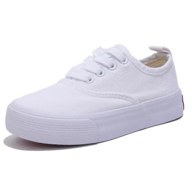 Imagem de OPOEE Sapatos esportivos de cano baixo para meninos e meninas, com cadarços, calçados infantis confortáveis e leves para skate, Branco, 10.5 Wide Little Kid