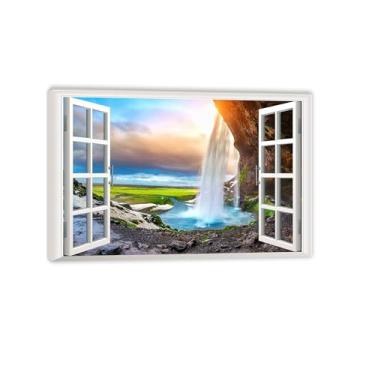 Imagem de MOBYAT Janela falsa de cachoeira florestal 3D, mural de montanha natural, para sala de estar, sala de jantar, janela de casa, decoração de parede, moldura interna de 75 x 50 cm (30 x 20 pol.)