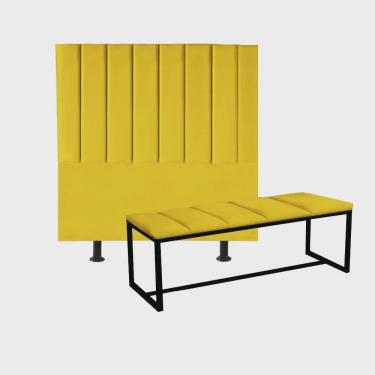 Imagem de Kit Cabeceira Carla e Recamier Industrial 160cm Queen Size Box Ferro Preto Sintético Amarelo - Ahz Móveis