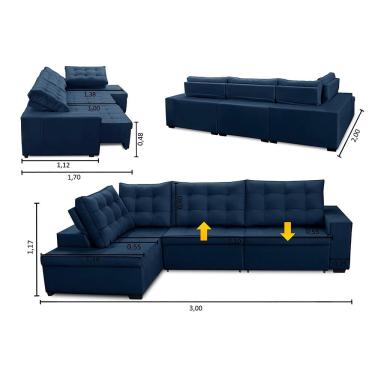 Imagem de Sofá de Canto Retrátil e Reclinável com Molas 3,00x2,00 le Jacke Suede Azul Madelina Decor