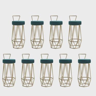 Imagem de Kit 09 Banqueta Com Encosto Botti Hexágono Cozinha Bar Ferro Dourado Suede Azul Turquesa - Ahz Móveis