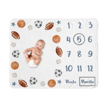Imagem de Sweet Jojo Designs Cobertor com tema esportivo menino bebê marco recém-nascido mês primeiro ano foto crescimento conjunto de presente infantil memória aquarela vintage bolas de futebol futebol futebol