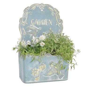 Imagem de BIG FORTUNE Vaso de parede de metal para uso ao ar livre para pendurar na parede rústico (azul)