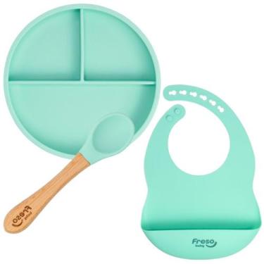 Imagem de Kit com 3 pçs Bebê Prato Colher e Babador em Silicone Verde - Freso Ba