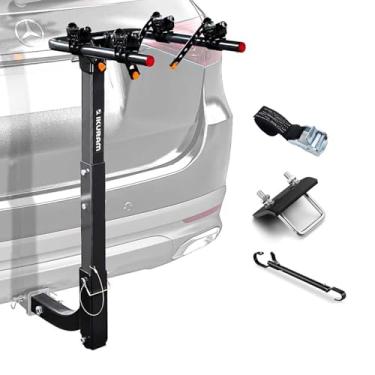 Imagem de 2 suportes para bicicletas, suporte duplo dobrável para carros, caminhões, SUV, serve para receptor de 5 cm, incluindo aperto de engate anti-chocalho e adaptador de barra transversal de bicicleta para