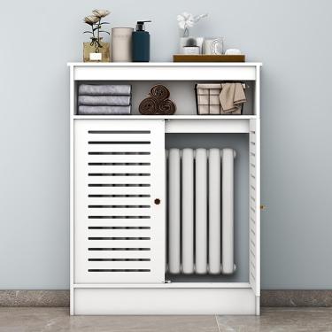 Imagem de Armário de guarda de tampa do radiador de madeira com prateleiras abertas, tampa de aquecedor decorativo de escritório de armazenamento de armário lateral