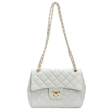 Imagem de Bolsa Feminina Couro Legitimo Matelassê Média (Off White C/Dourado)