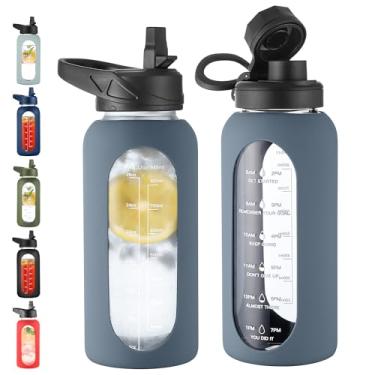 Imagem de CIVAGO Garrafa de água de vidro de 947 ml com canudo e alça, grande garrafa de água motivacional esportiva com marcador de tempo e 2 tampas, jarro de água à prova de vazamento com manga de silicone