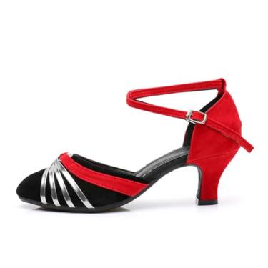 Imagem de Sandália feminina com tira no tornozelo sapatos de dança latina bico fechado sandália salto noturno, Vermelho, prata, 8.5