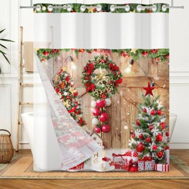 Imagem de Canessioa Cortina de chuveiro Farmhouse Christmas sem gancho com forro de encaixe, árvore de Natal, madeira, porta de celeiro, cortinas de banheiro rústicas transparentes com camada dupla para janela