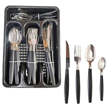 Imagem de Jogo de Talhares Faqueiro Inox 25u + Suporte Gaveteiro Restaurante Completo Moderno Faca Colher Garfo (Preto)