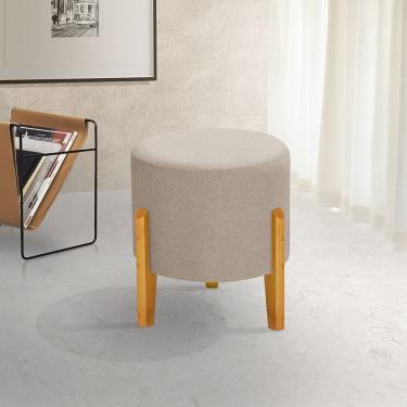 Imagem de Puff Orgânico Redondo Para Sala e Quarto Dakota Pés Madeira Linho Bege