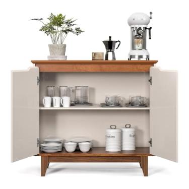Imagem de Buffet Flow 2 Portas 1 Prateleira, Base em Madeira Aparador Balcão para Sala de Jantar (OFF WHITE/FREIJÓ)