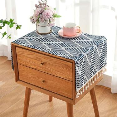 Imagem de SIELUNO Capa para mesa de cabeceira, toalha de mesa retangular de cabeceira com bolsos e borla, toalha de mesa pequena de algodão e linho à prova d'água pequena para TV, armário, lavadora, secadora