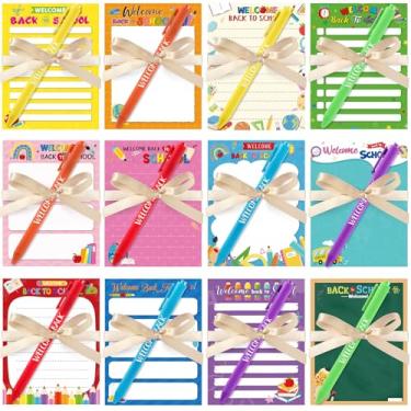 Imagem de Yeaqee 12 conjuntos de canetas de bloco de notas de volta às aulas, presentes a granel, 12 notas adesivas coloridas, 12 canetas de boas-vindas, 12 fitas para estudantes, sala de aula, escritório