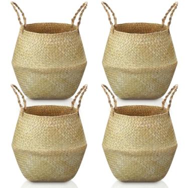 Imagem de Qunclay 4 cestos de algas marinhas trançadas, cesta de barriga, vaso de plantas naturais Boho dobrável com alças redondas decorativas, grande vaso interno para decoração de plantadores de árvores ao