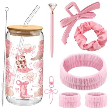 Imagem de Didaey Caixa de presente de aniversário para mulheres, conjunto de presente de laço rosa coquete com copo de vidro, faixa de cabeça e pulseira, grampo de cabelo, chaveiro e caneta esferográfica