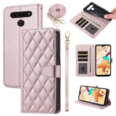 Imagem de Furiet Argyle Capa carteira para LG K61/Q61/K51S/K41S com alça de ombro destacável, compartimentos para cartões, bolsa fólio, acessórios de couro PU de luxo para K 61 51S 41S 41S feminino masculino