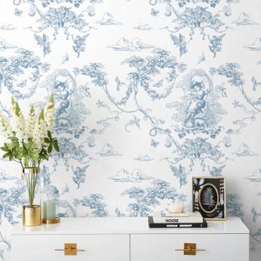 Imagem de CiCiwind Papel de parede de 197 pol. × 17,7 cm, papel de parede de contato branco e azul vintage francês autoadesivo removível para quarto, banheiro, sala de estar