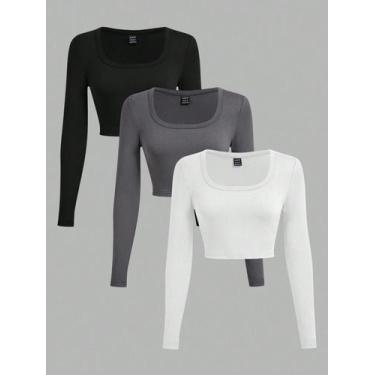 Imagem de 3 Peças/Conjunto Camisetas Cropped de Manga Longa com Gola em U Minima