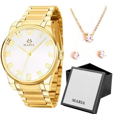 Imagem de Relogio Feminino Dourado Aço Inox Ou Caixa + Brincos + Colar Strass Presente Moda Inoxidável Banhado