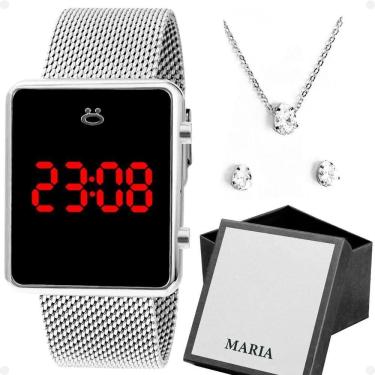 Imagem de Relogio Feminino Digital Aço Inox + Brincos + Caixa + Colar Qualidade Premium Social Presente Casual