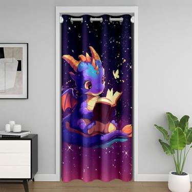 Imagem de Cortina de porta de dragão adorável para meninos e meninas, roxo e preto, ombré, galáxia, 106,7 cm L x 203,2 cm C desenho animado dragão livro cortina de armário sonhadora brilhante para porta