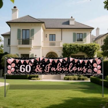 Imagem de Faixa de 60 anos de ouro rosa e fabulosa faixa de feliz aniversário de 60 anos decoração pano de fundo para fotografia de 60 anos para mulheres, festas, chuveiros, cabines de fotos, suprimentos de