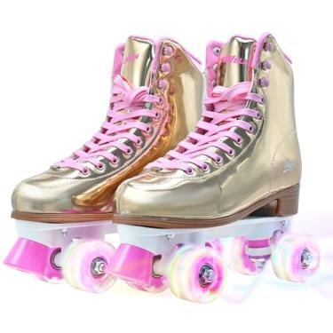 Imagem de Patins de patins para mulheres, patins quádruplos de couro PU de cano alto para iniciantes, ouro brilhante a laser, duas fileiras para meninas de 8 a 50 anos, ao ar livre e interno