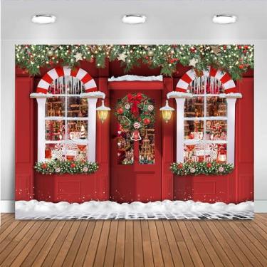 Imagem de Mocsicka Pano de fundo de inverno, Natal, doces, loja, loja de brinquedos do Papai Noel, fundo vermelho, loja de presentes infantis, decoração de festa em família, adereços de estúdio fotográfico (2,4