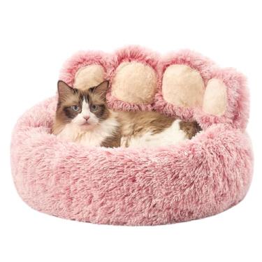 Imagem de Jiupety Cama redonda para animais de estimação em forma de pata, cama calmante para cachorro pequeno, cama de gato de pele sintética para gato, confortável e macia, lavável na máquina, tamanho médio (56 cm × 56 cm × 6"), rosa