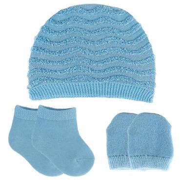Imagem de Kit Touca Meias E Luvas Azul Claro Menino Roupinha Para Bebê Recém Nas
