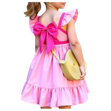 Imagem de WDIRARA Toddler Girl's Bow Ruffle Cap Sleeve Swing Dress Cute Square Neck A Line Short Dresses Pink 5Y
