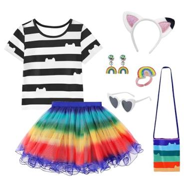 Imagem de DAISYDUDS Fantasia De Casa Bonecas Para Gatos, Vestido Tutu Arco-Íris Com Top Listrado, Conjunto Acessórios, Roupas Halloween E Natal Fofinhas (120 Cm/4-5 Anos), Preto Branco