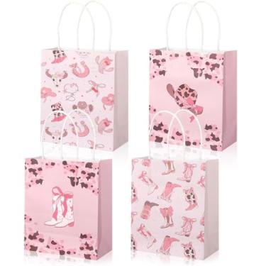 Imagem de AmazingSpark 24 peças de sacos de papel de vaqueira ocidental laço rosa chapéu de vaqueira sacos de petisco com alças tema ocidental lembrancinhas de festa para chá de bebê, decorações de festa de