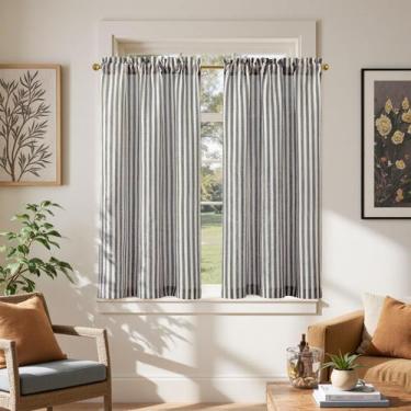 Imagem de Cortinas: cozinha de linho, 15 cm de comprimento, listradas, 2 painéis