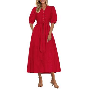 Imagem de Vestido Midi PRETTYGARDEN 2025 com decote em V, manga curta, vermelho