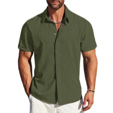 Imagem de Camisa masculina MAPICK de linho com botões, verde militar, tamanho 3G
