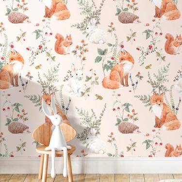 Imagem de Decotalk Papel de parede rosa para quarto de crianças descasque e cole - papel de parede fofo rosa claro coelho raposa ouriços animal papel de parede para quarto de berçário 43 x 300 centímetros papel