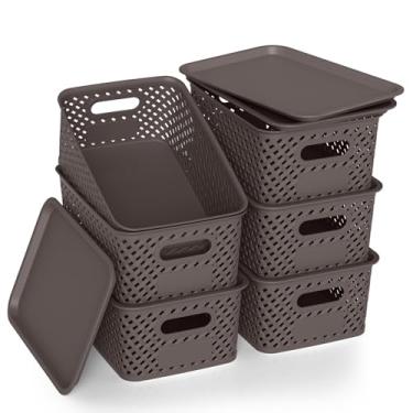 Imagem de ZFTMRR Cestos de armazenamento de plástico com tampa, cesta pequena empilhável para organizar e recipientes para prateleiras, gavetas, armário, sala de jogos, despensa, sala de aula, escritório, casa