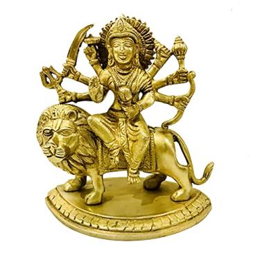 Imagem de Gavya International Estátua de bronze do Senhor Durga sentado no leão para casa templo mandir Puja God Murti Idol Escultura Devi Durga MATA Rani estatueta para Navratri Navaratri Diwali Pooja Tamanho-